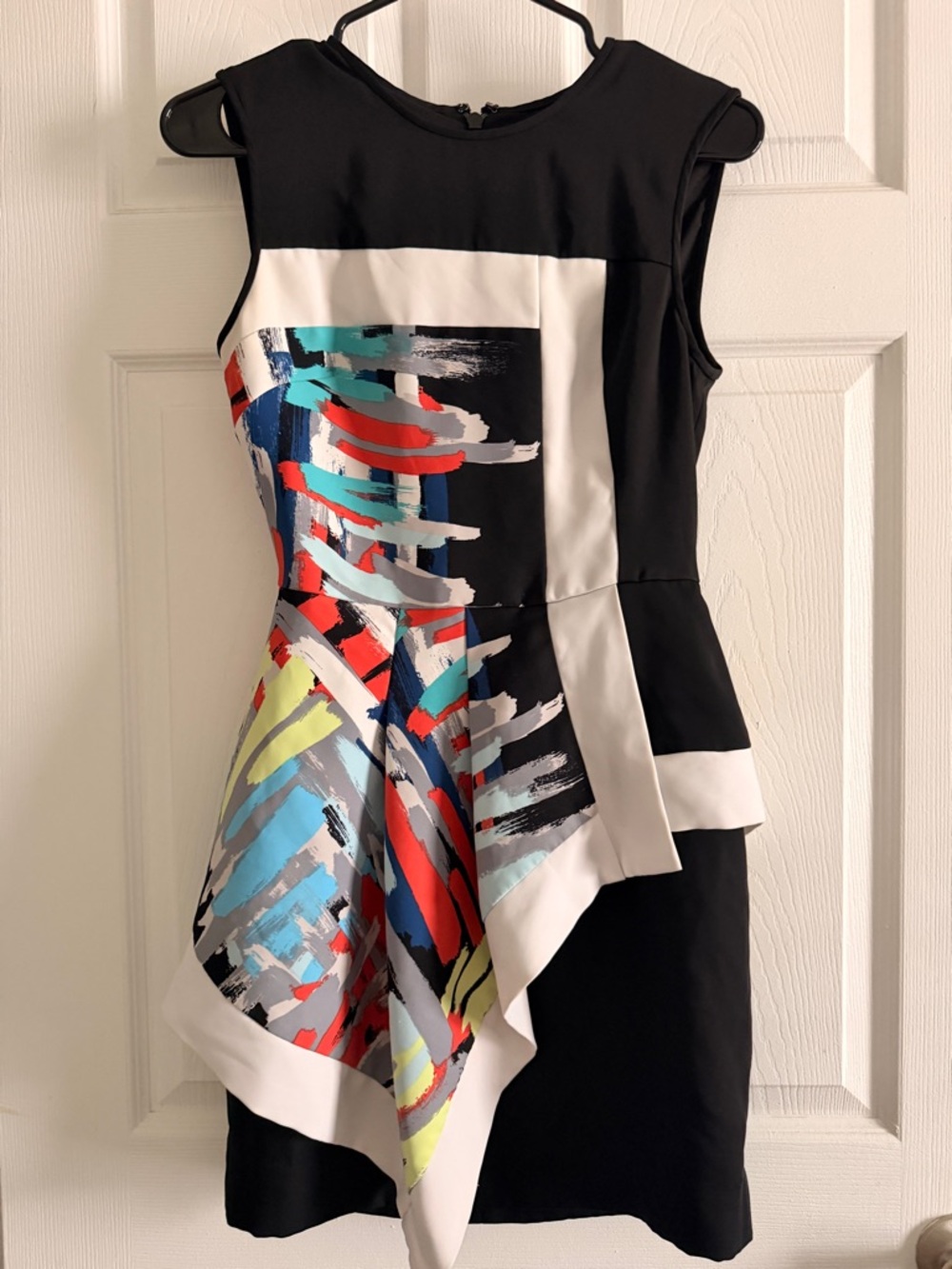 BCBG Black Sleeveless Dress with Colorful Abstract Panel